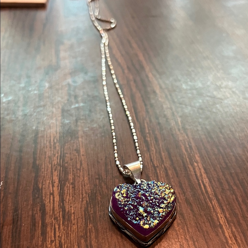 Purple Heart Pendant Necklace rough drusy stone gently worn